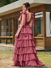 A-line Bow Shoulder Tiered Dress with Slit Cinnamon Rose