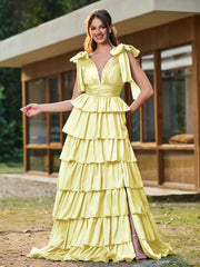 A-line Bow Shoulder Tiered Dress with Slit Daffodil