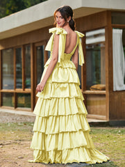 A-line Bow Shoulder Tiered Dress with Slit Daffodil