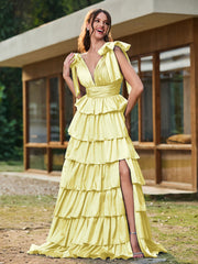 A-line Bow Shoulder Tiered Dress with Slit Daffodil