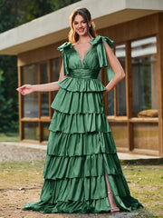 A-line Bow Shoulder Tiered Dress with Slit Dark Green