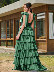 A-line Bow Shoulder Tiered Dress with Slit Dark Green