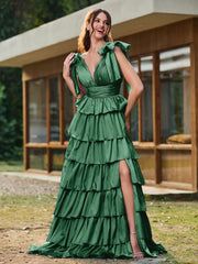 A-line Bow Shoulder Tiered Dress with Slit Dark Green