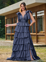 A-line Bow Shoulder Tiered Dress with Slit Dark Navy