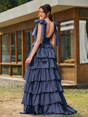 A-line Bow Shoulder Tiered Dress with Slit Dark Navy