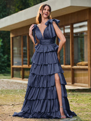 A-line Bow Shoulder Tiered Dress with Slit Dark Navy