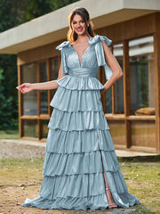 A-line Bow Shoulder Tiered Dress with Slit Dusty Blue
