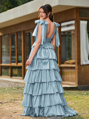 A-line Bow Shoulder Tiered Dress with Slit Dusty Blue