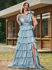 A-line Bow Shoulder Tiered Dress with Slit Dusty Blue