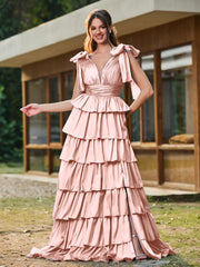 A-line Bow Shoulder Tiered Dress with Slit Dusty Rose
