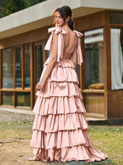 A-line Bow Shoulder Tiered Dress with Slit Dusty Rose