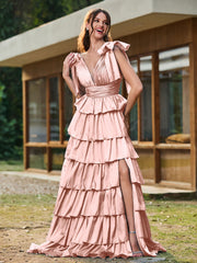 A-line Bow Shoulder Tiered Dress with Slit Dusty Rose