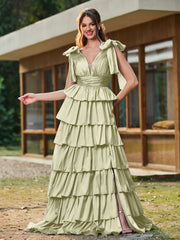 A-line Bow Shoulder Tiered Dress with Slit Dusty Sage