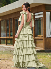 A-line Bow Shoulder Tiered Dress with Slit Dusty Sage