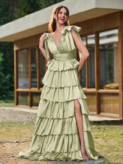 A-line Bow Shoulder Tiered Dress with Slit Dusty Sage