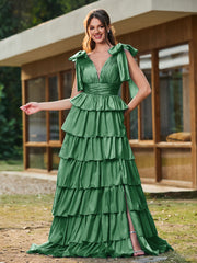 A-line Bow Shoulder Tiered Dress with Slit Emerald