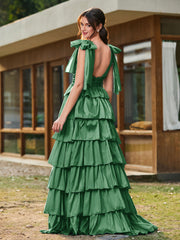 A-line Bow Shoulder Tiered Dress with Slit Emerald
