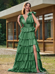 A-line Bow Shoulder Tiered Dress with Slit Emerald