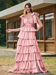 A-line Bow Shoulder Tiered Dress with Slit Flamingo