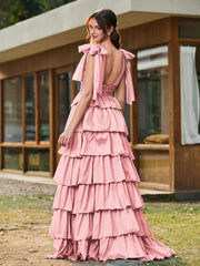 A-line Bow Shoulder Tiered Dress with Slit Flamingo