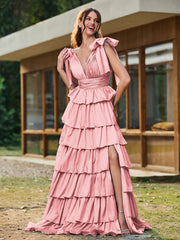 A-line Bow Shoulder Tiered Dress with Slit Flamingo