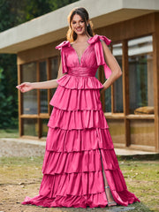A-line Bow Shoulder Tiered Dress with Slit Fuchsia