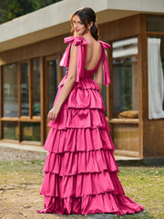 A-line Bow Shoulder Tiered Dress with Slit Fuchsia