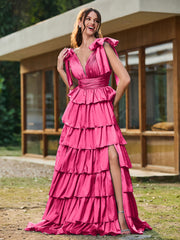 A-line Bow Shoulder Tiered Dress with Slit Fuchsia