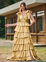 A-line Bow Shoulder Tiered Dress with Slit Gold