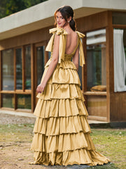 A-line Bow Shoulder Tiered Dress with Slit Gold
