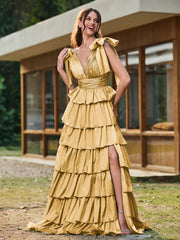 A-line Bow Shoulder Tiered Dress with Slit Gold