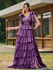 A-line Bow Shoulder Tiered Dress with Slit Grape