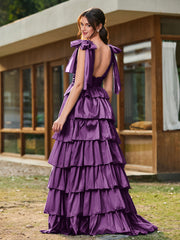 A-line Bow Shoulder Tiered Dress with Slit Grape