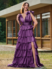 A-line Bow Shoulder Tiered Dress with Slit Grape