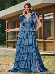 A-line Bow Shoulder Tiered Dress with Slit Ink Blue