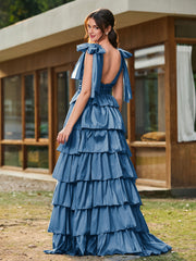 A-line Bow Shoulder Tiered Dress with Slit Ink Blue