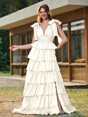 A-line Bow Shoulder Tiered Dress with Slit Ivory