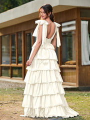A-line Bow Shoulder Tiered Dress with Slit Ivory