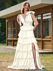A-line Bow Shoulder Tiered Dress with Slit Ivory