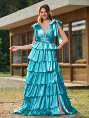A-line Bow Shoulder Tiered Dress with Slit Jade