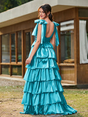 A-line Bow Shoulder Tiered Dress with Slit Jade