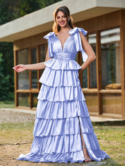 A-line Bow Shoulder Tiered Dress with Slit Lavender