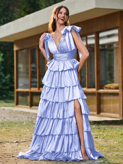 A-line Bow Shoulder Tiered Dress with Slit Lavender