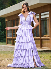 A-line Bow Shoulder Tiered Dress with Slit Lilac