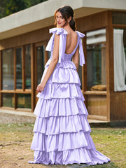 A-line Bow Shoulder Tiered Dress with Slit Lilac