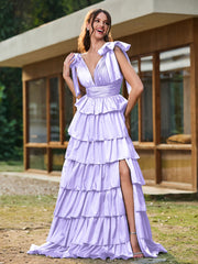 A-line Bow Shoulder Tiered Dress with Slit Lilac