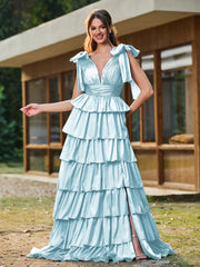 A-line Bow Shoulder Tiered Dress with Slit Mist
