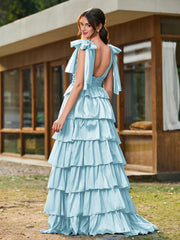 A-line Bow Shoulder Tiered Dress with Slit Mist