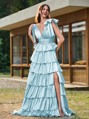 A-line Bow Shoulder Tiered Dress with Slit Mist