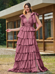 A-line Bow Shoulder Tiered Dress with Slit Mulberry